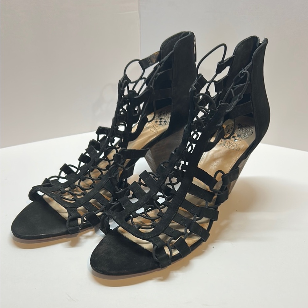 Vince Camuto Black Strappy Cage High Heel Sandals